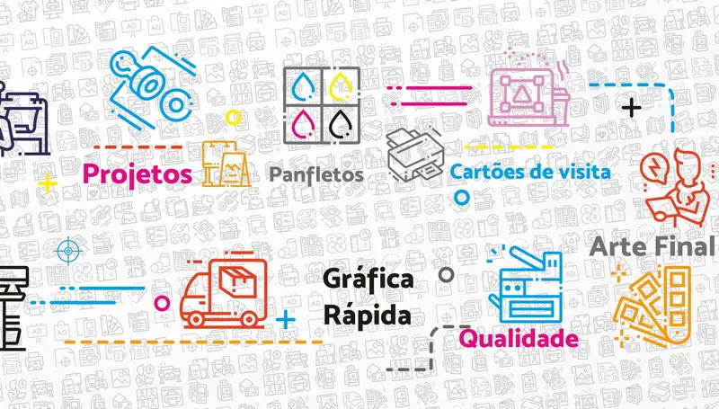 Arte da RDC Gráfica Rápida com ícones de projetos, panfletos, cartões de visita, arte final e qualidade